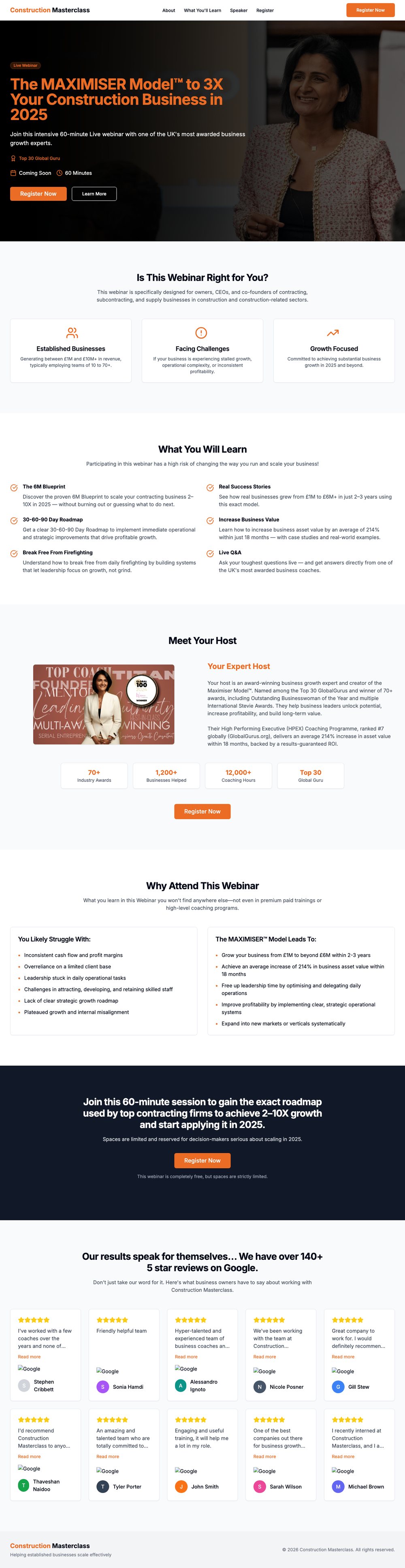 Growth Idea webinar registration landing page (construction-masterclass.com) — full page, scroll to explore
